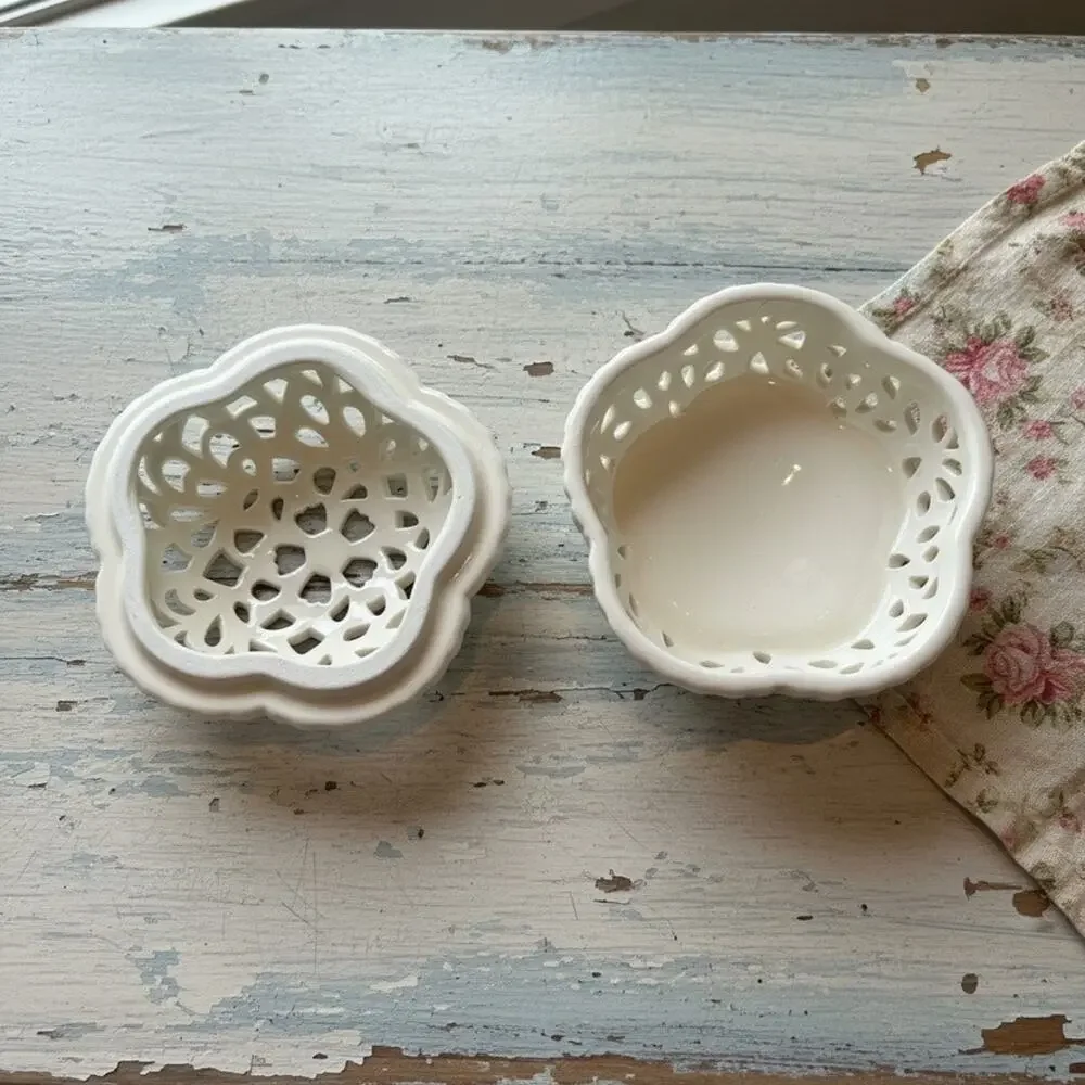 Vintage Oleg Cassini Reticulated Ceramic Trinket Box-Tea Light-Candle Holder-Lid